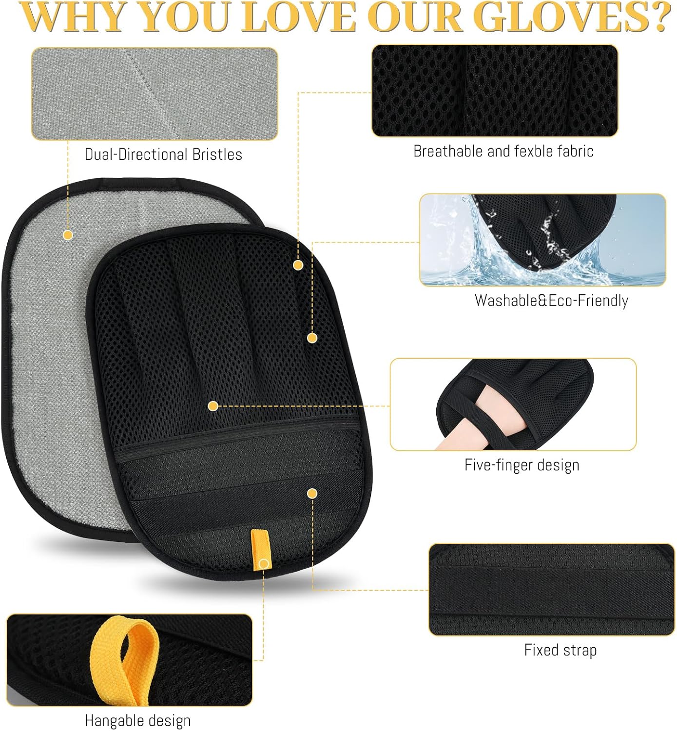 Premium Pet Hair Removal Grooming Glove | Reusable 5-Finger Deshedding Mitt | For Dogs, Cats, Furniture & Car Interiors