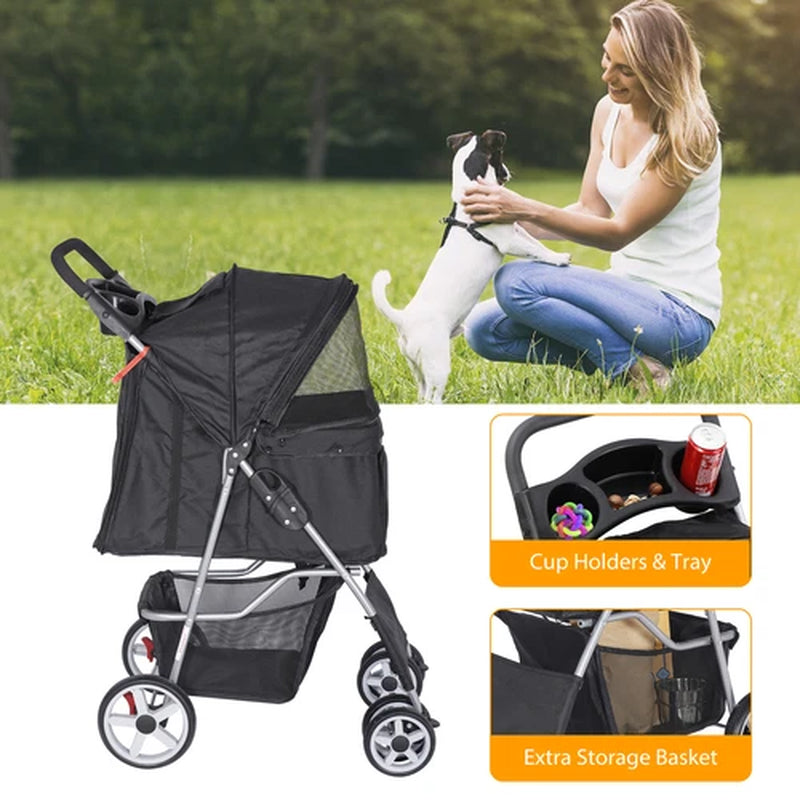 Premium Pet Stroller | Four-Wheel Comfort Carrier with Storage Basket for Dogs & Cats