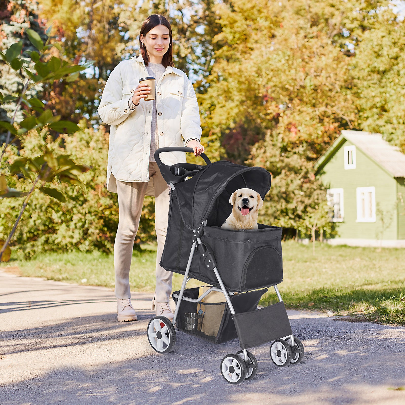 Premium Pet Stroller | Four-Wheel Comfort Carrier with Storage Basket for Dogs & Cats