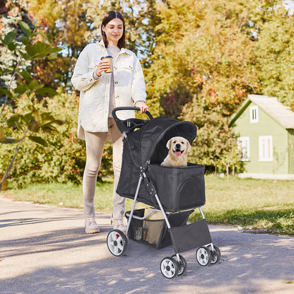 Premium Pet Stroller | Four-Wheel Comfort Carrier with Storage Basket for Dogs & Cats