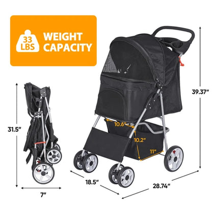 Premium Pet Stroller | Four-Wheel Comfort Carrier with Storage Basket for Dogs & Cats