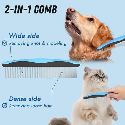 Premium Pet Grooming & Deshedding Kit | Dual Brush & Stainless Steel Detangling Comb | For Dogs & Cats with Long, Thick & Matted Fur