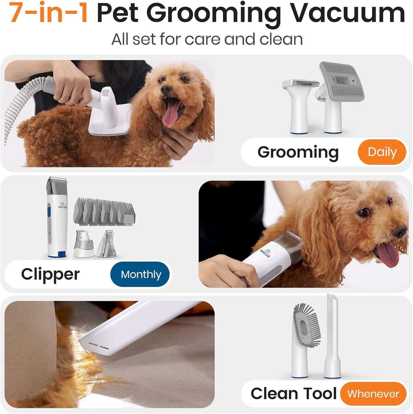 Professional 7-in-1 Pet Grooming Vacuum Kit for Dogs & Cats | Low-Noise Hair Clippers, Deshedding Brush & Nail Grinder | Powerful Grooming Vacuum with Large 1.5L Dust Cup