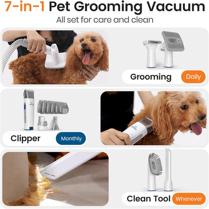 Professional 7-in-1 Pet Grooming Vacuum Kit for Dogs & Cats | Low-Noise Hair Clippers, Deshedding Brush & Nail Grinder | Powerful Grooming Vacuum with Large 1.5L Dust Cup