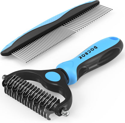 Premium Pet Grooming & Deshedding Kit | Dual Brush & Stainless Steel Detangling Comb | For Dogs & Cats with Long, Thick & Matted Fur