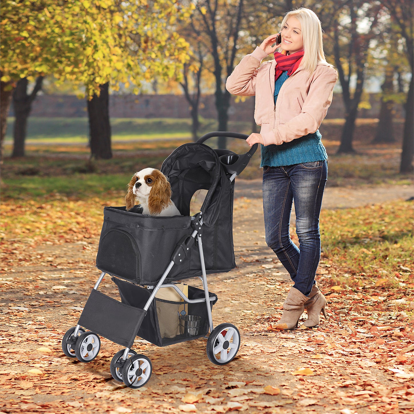 Premium Pet Stroller | Four-Wheel Comfort Carrier with Storage Basket for Dogs & Cats