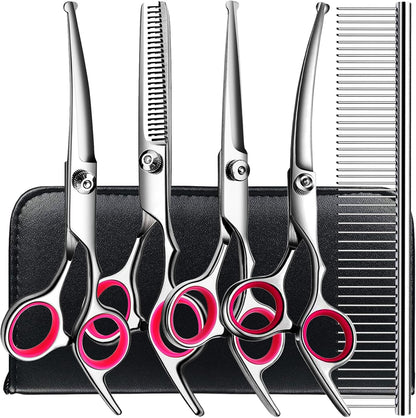Professional Pet Grooming Scissors Kit | 5-Piece Stainless Steel Shears Set | For Dogs & Cats Home & Salon Grooming
