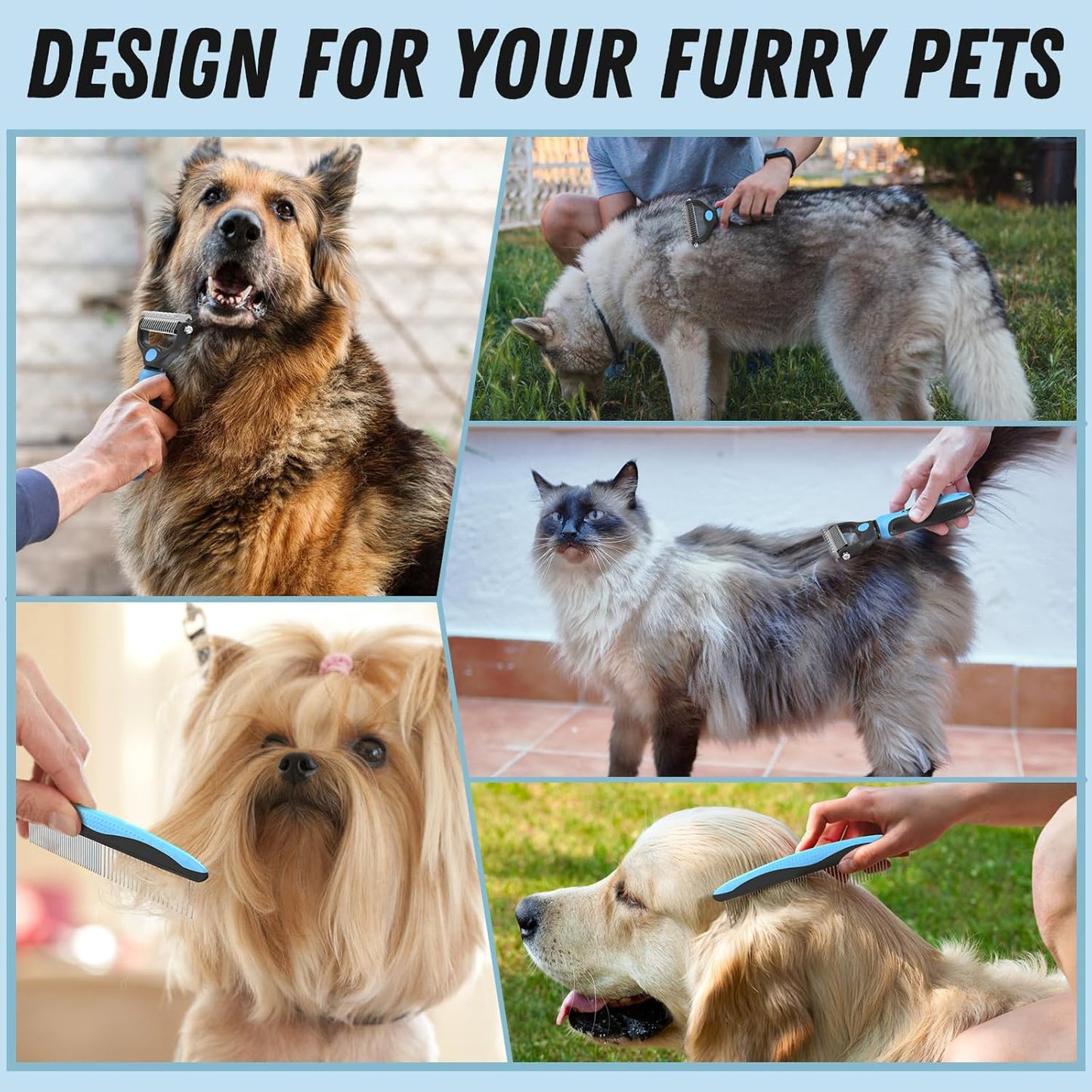 Premium Pet Grooming & Deshedding Kit | Dual Brush & Stainless Steel Detangling Comb | For Dogs & Cats with Long, Thick & Matted Fur