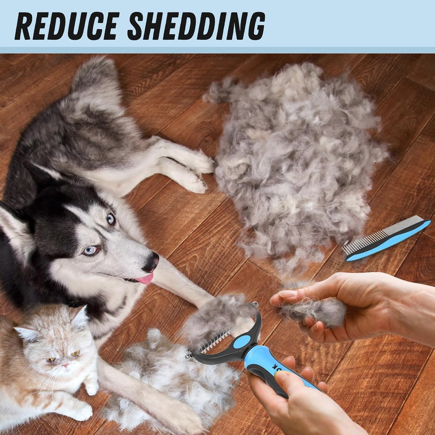Premium Pet Grooming & Deshedding Kit | Dual Brush & Stainless Steel Detangling Comb | For Dogs & Cats with Long, Thick & Matted Fur