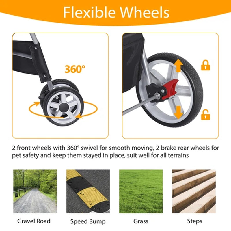 Premium Pet Stroller | Four-Wheel Comfort Carrier with Storage Basket for Dogs & Cats