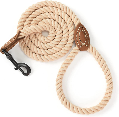 Premium Braided Cotton Dog Leash | Genuine Leather Trim & Heavy-Duty Metal Clasp | Everyday Walking & Training