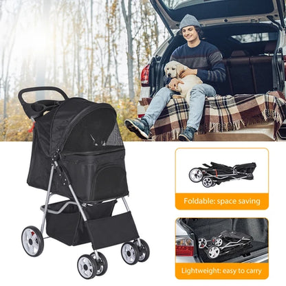 Premium Pet Stroller | Four-Wheel Comfort Carrier with Storage Basket for Dogs & Cats