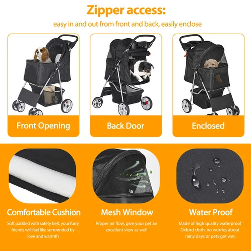 Premium Pet Stroller | Four-Wheel Comfort Carrier with Storage Basket for Dogs & Cats